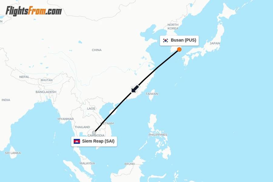 Flights from Busan to Siem Reap route map