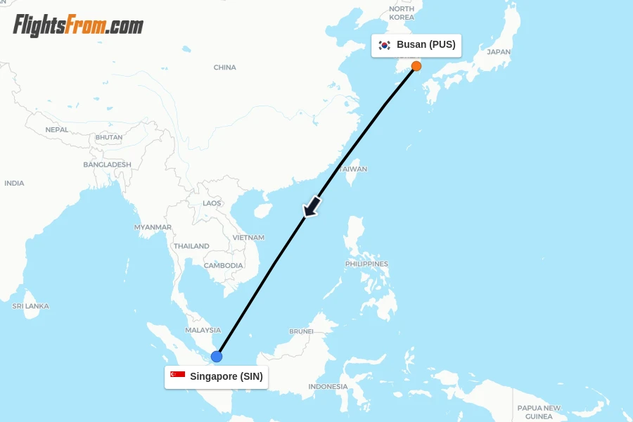 Flights from Busan to Singapore route map