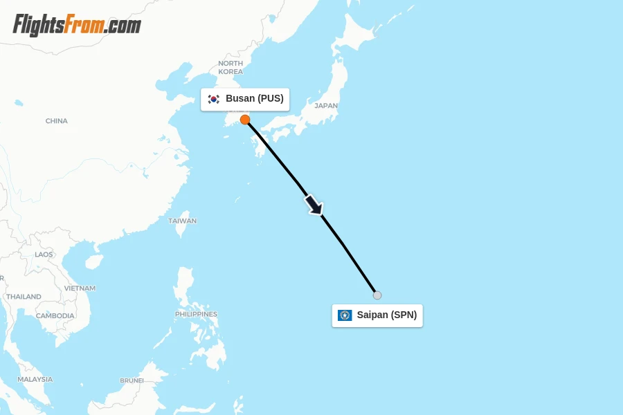 Flights from Busan to Saipan route map