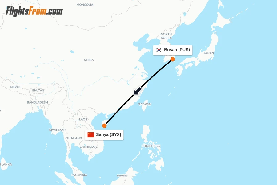 Flights from Busan to Sanya route map