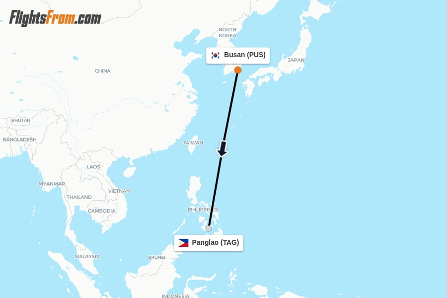 Flights from Busan to Panglao route map