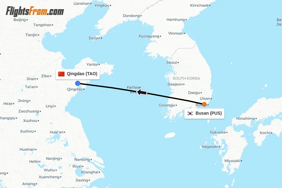 Flights from Busan to Qingdao route map
