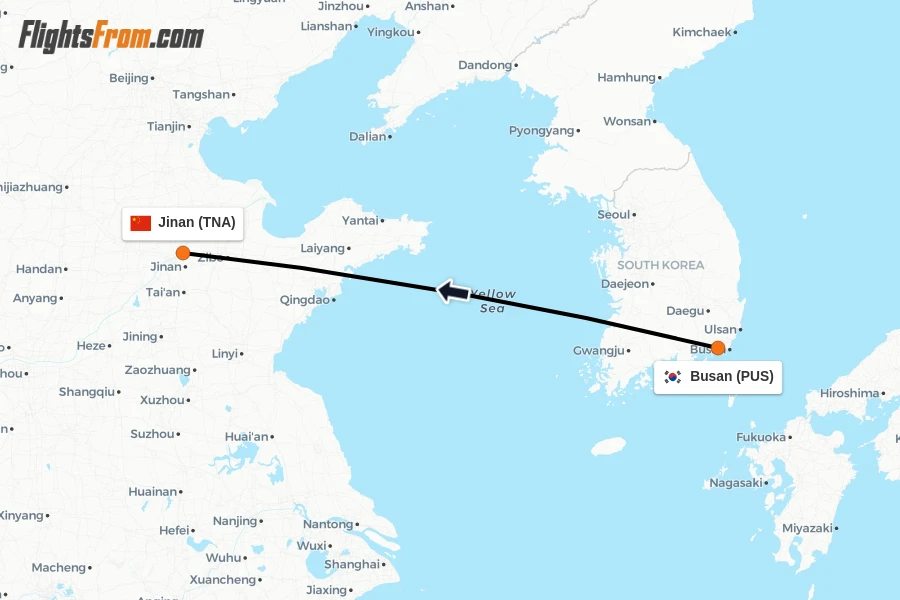 Flights from Busan to Jinan route map