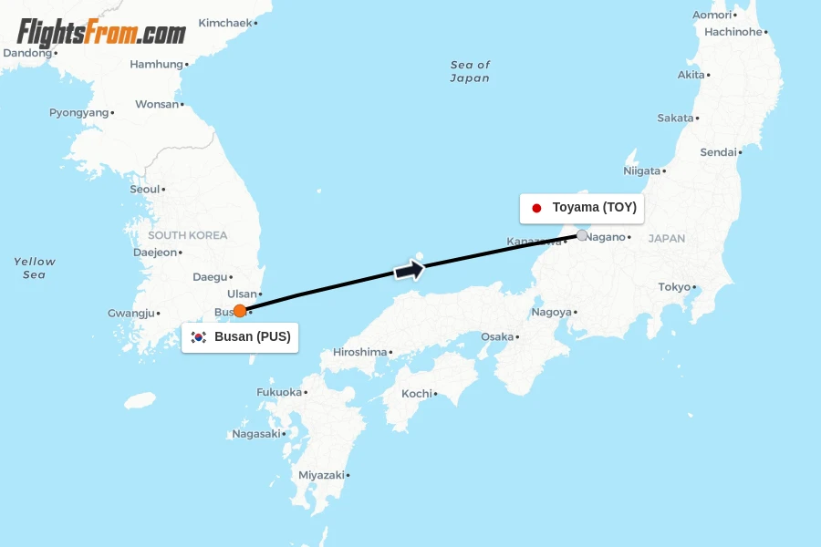 Flights from Busan to Toyama route map