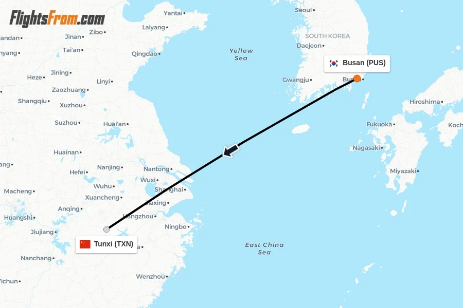 Flights from Busan to Tunxi route map
