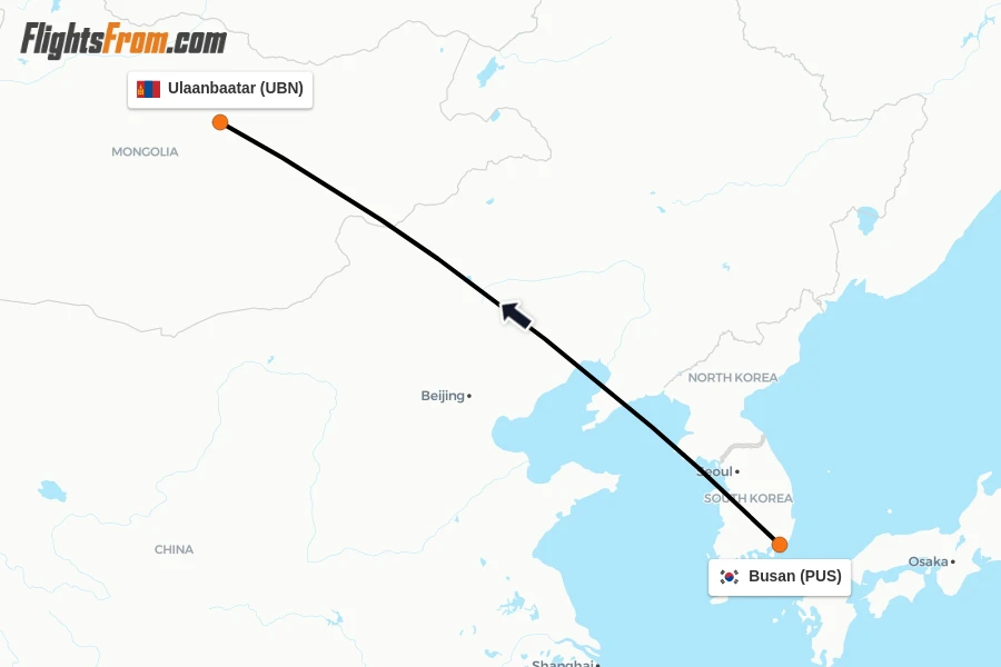 Flights from Busan to Ulaanbaatar route map