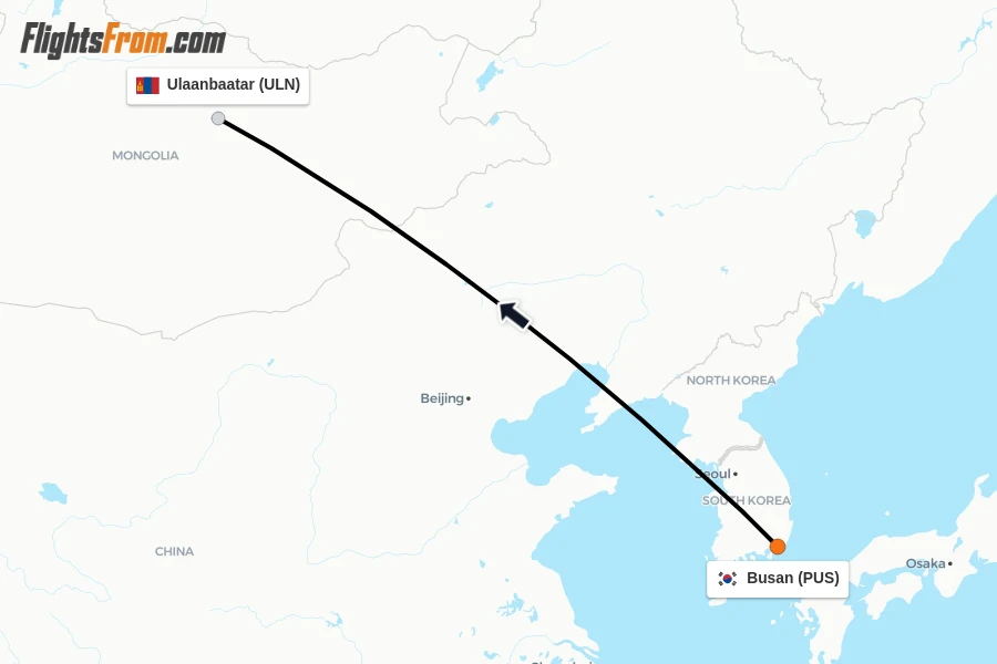 Flights from Busan to Ulaanbaatar route map