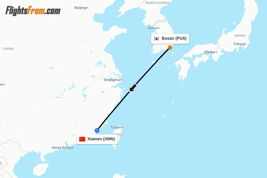 Flights from Busan to Xiamen route map