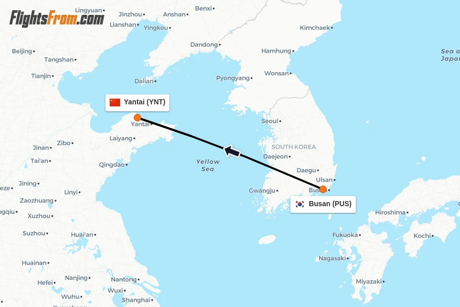 Flights from Busan to Yantai route map