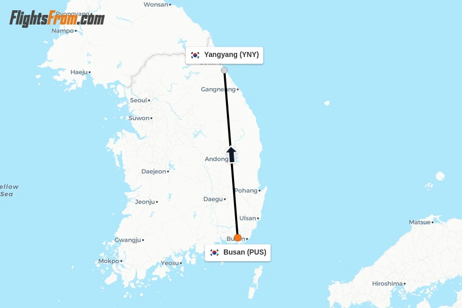 Flights from Busan to Yangyang route map