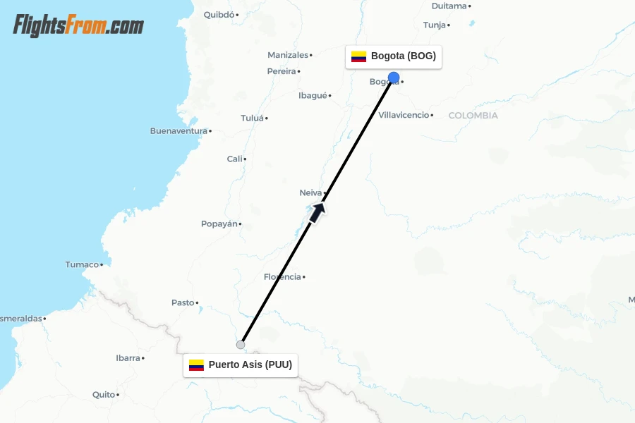 Flights from Puerto Asis to Bogota route map