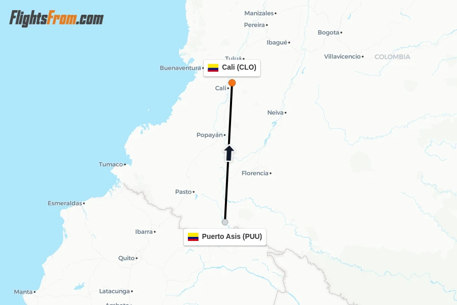 Flights from Puerto Asis to Cali route map