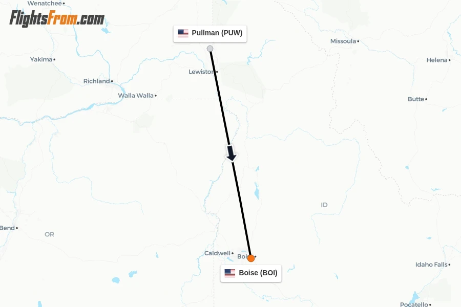 Flights from Pullman to Boise route map