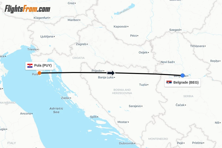 Flights from Pula to Belgrade route map