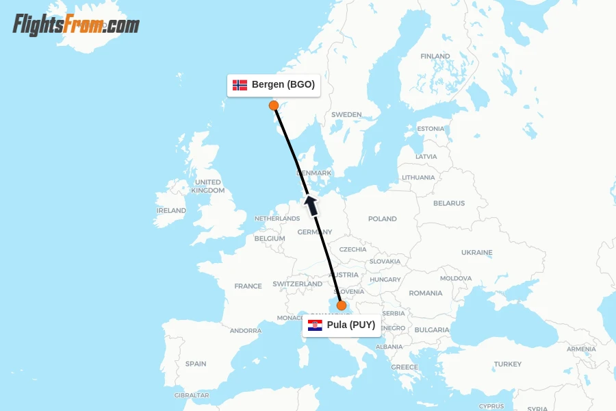 Flights from Pula to Bergen route map