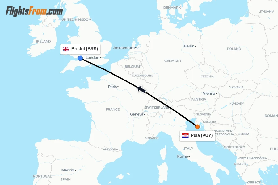 Flights from Pula to Bristol route map