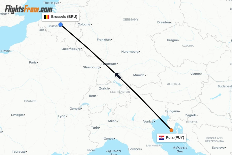 Flights from Pula to Brussels route map