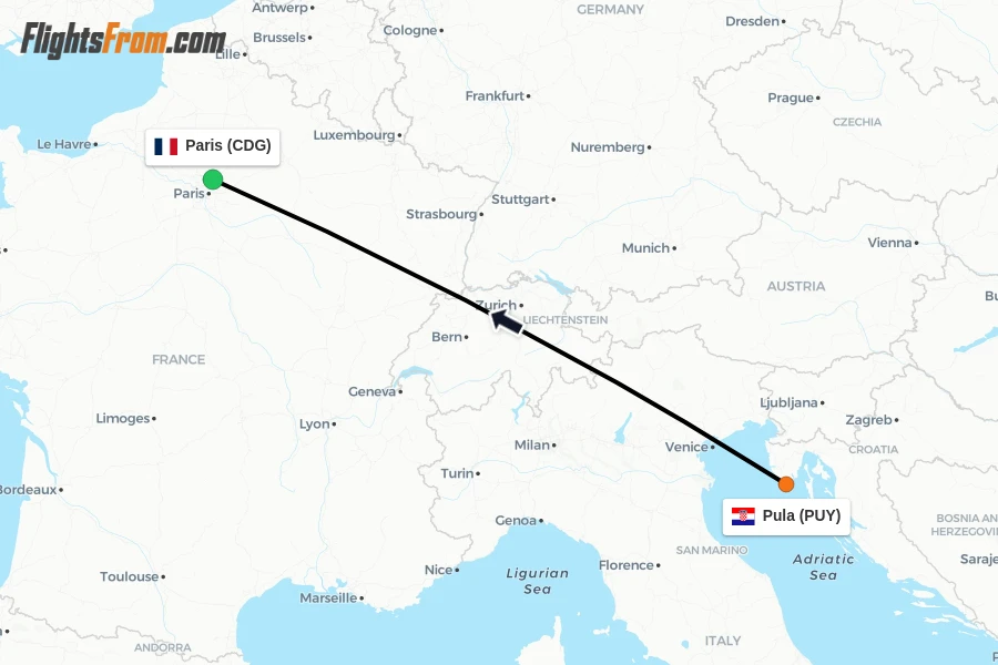 Flights from Pula to Paris route map