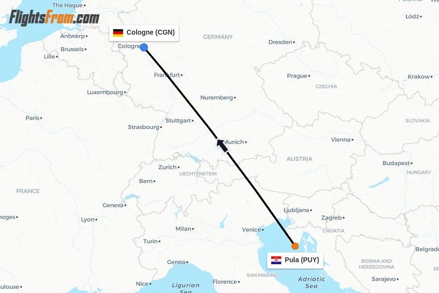 Flights from Pula to Cologne route map