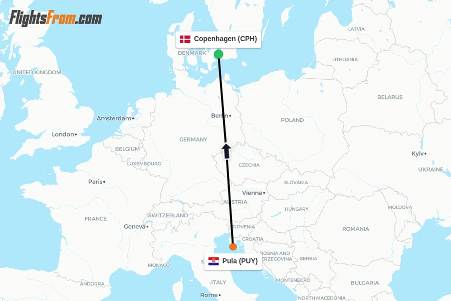 Flights from Pula to Copenhagen route map