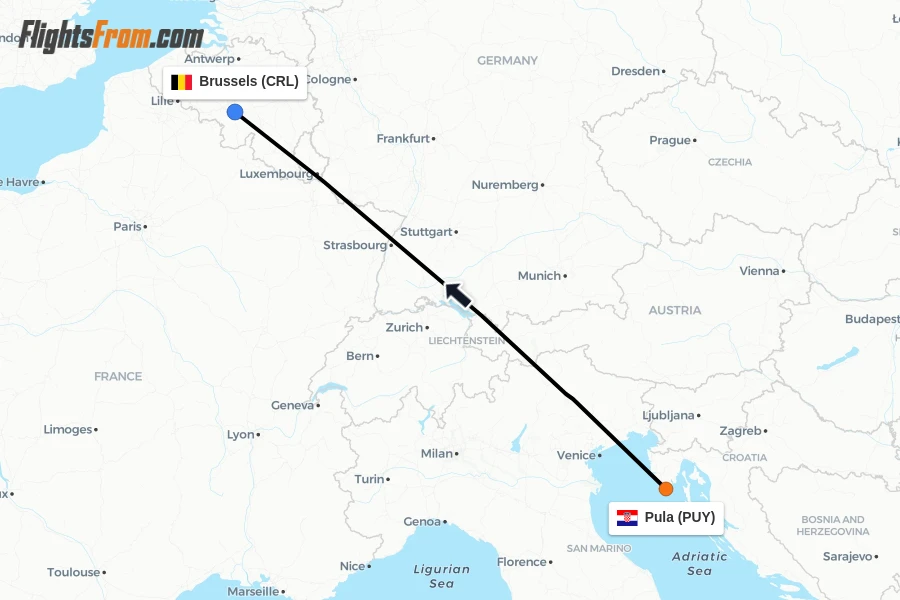 Flights from Pula to Brussels route map