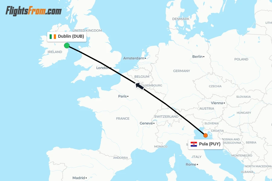 Flights from Pula to Dublin route map