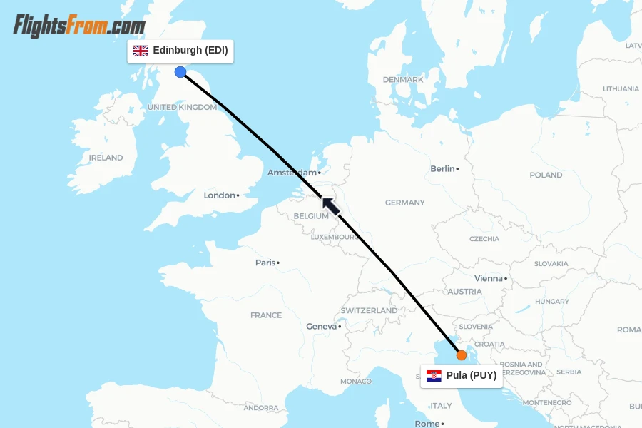 Flights from Pula to Edinburgh route map