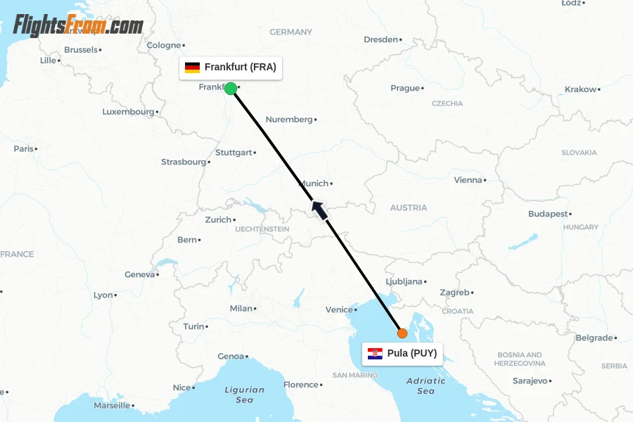 Flights from Pula to Frankfurt route map