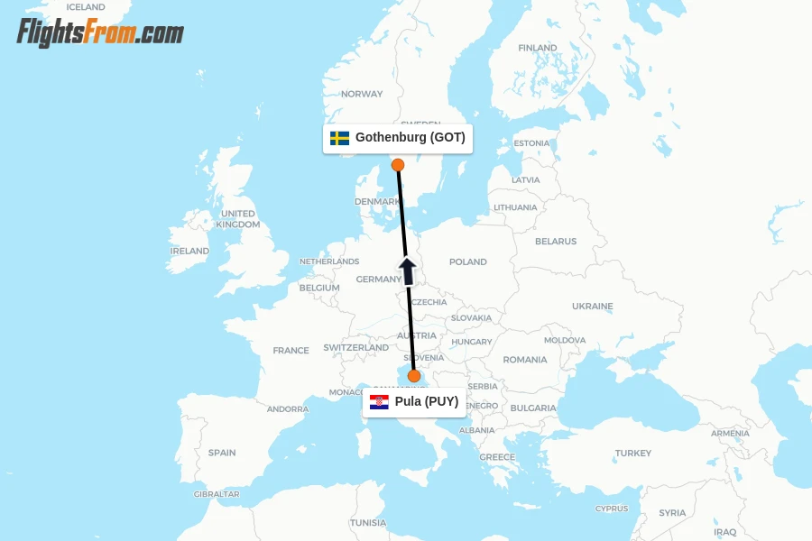 Flights from Pula to Gothenburg route map