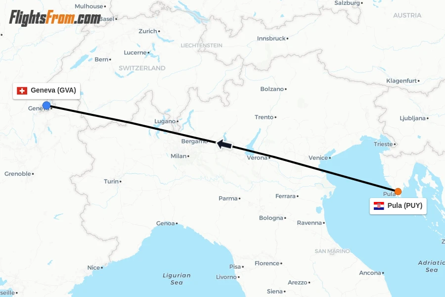 Flights from Pula to Geneva route map