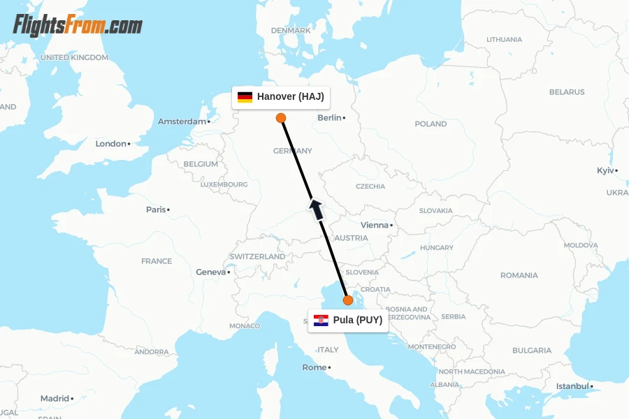 Flights from Pula to Hanover route map