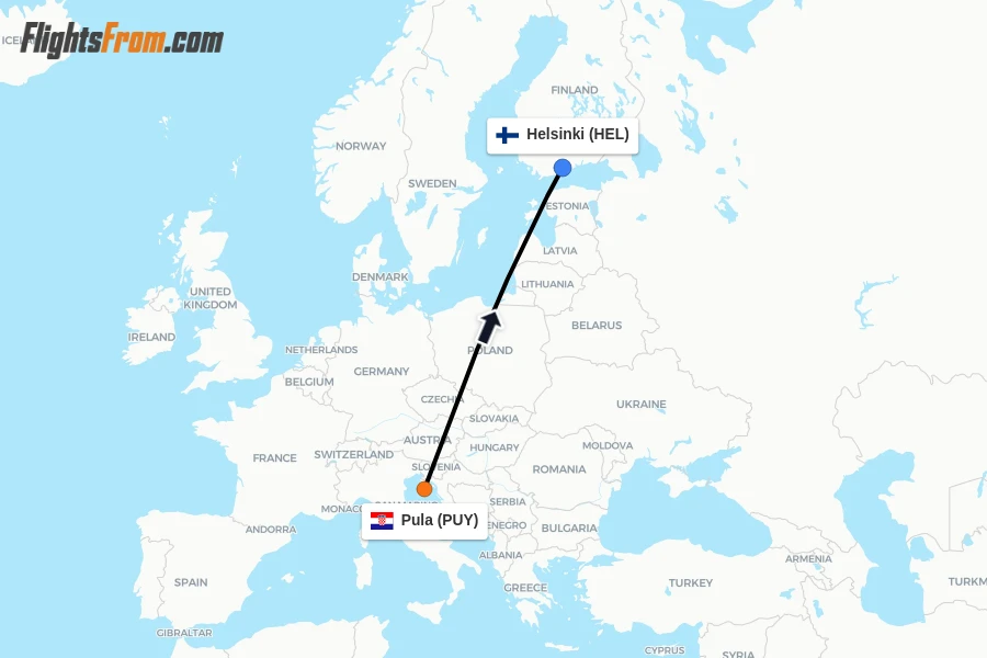 Flights from Pula to Helsinki route map
