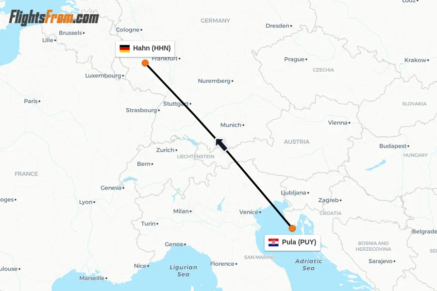 Flights from Pula to Hahn route map