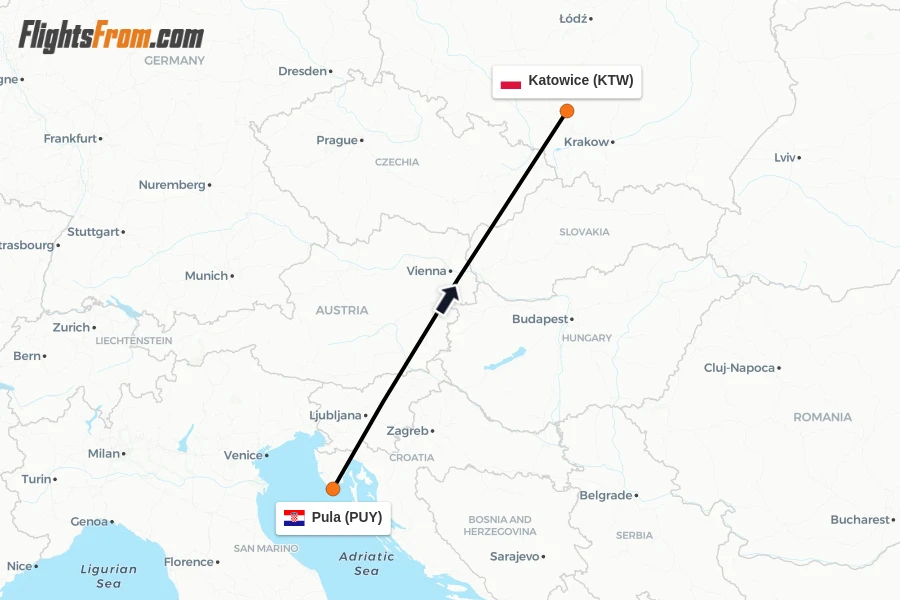 Flights from Pula to Katowice route map