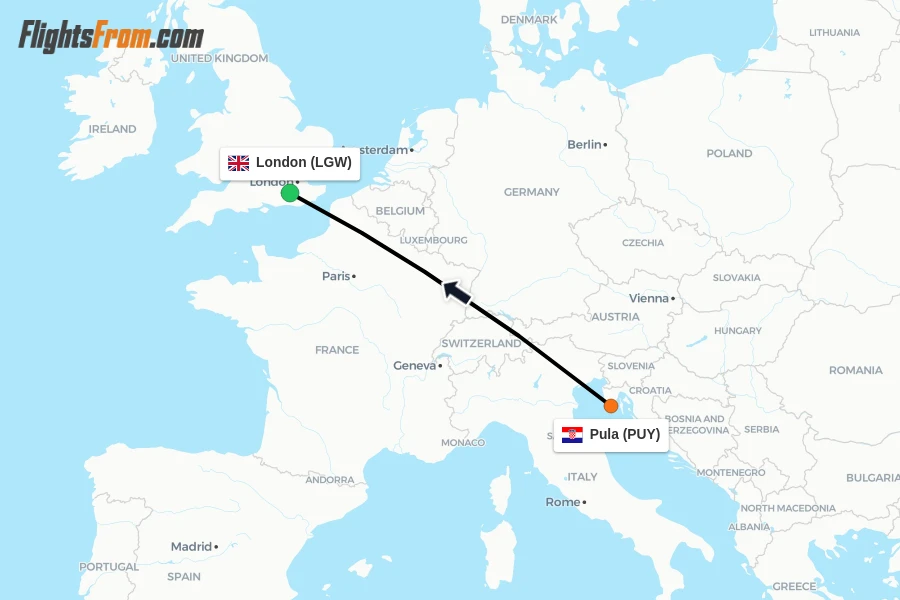 Flights from Pula to London route map