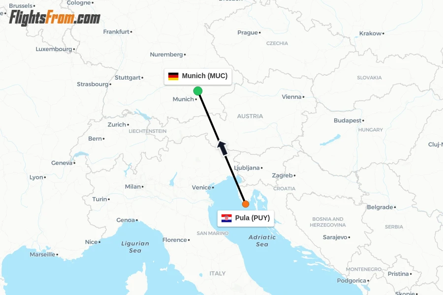 Flights from Pula to Munich route map