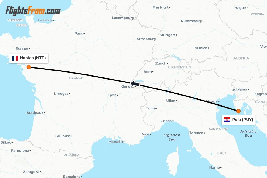 Flights from Pula to Nantes route map