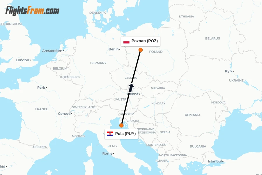 Flights from Pula to Poznan route map