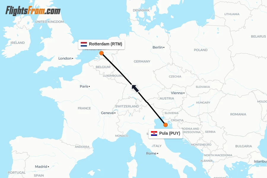 Flights from Pula to Rotterdam route map
