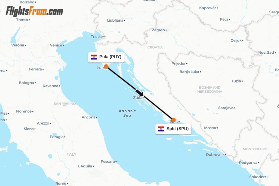 Flights from Pula to Split route map