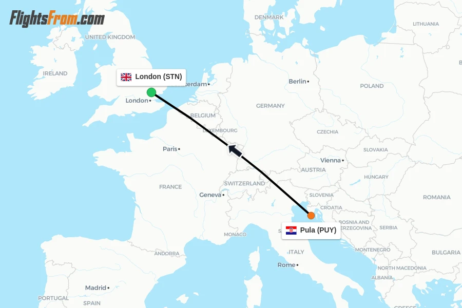 Flights from Pula to London route map