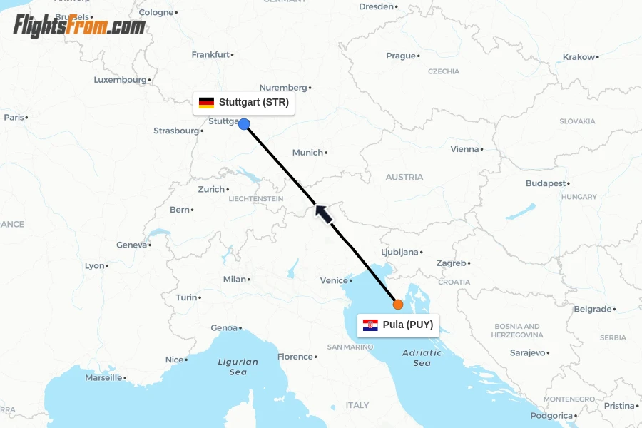 Flights from Pula to Stuttgart route map