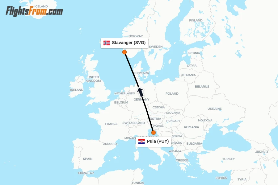Flights from Pula to Stavanger route map