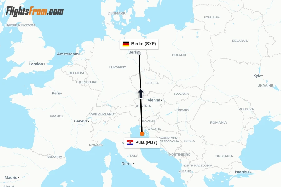 Flights from Pula to Berlin route map