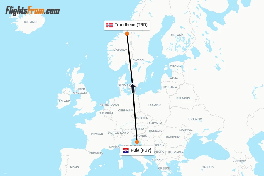 Flights from Pula to Trondheim route map