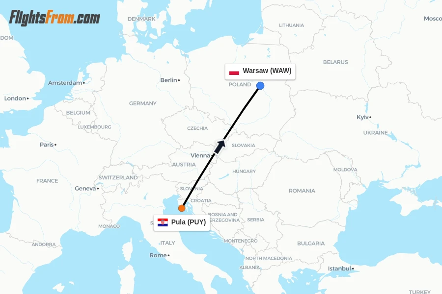 Flights from Pula to Warsaw route map
