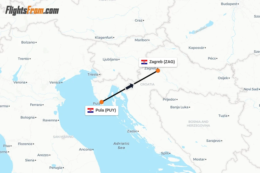 Flights from Pula to Zagreb route map