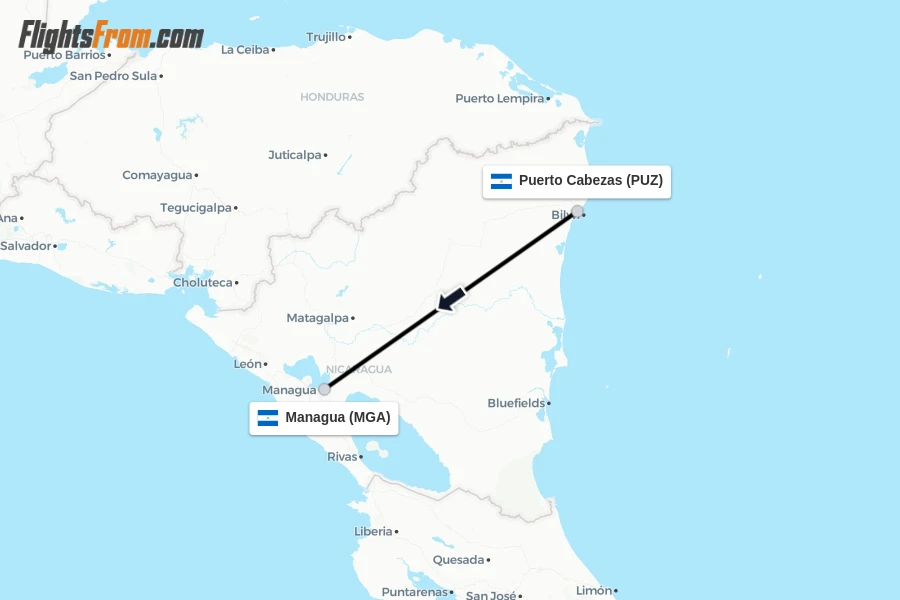Flights from Puerto Cabezas to Managua route map