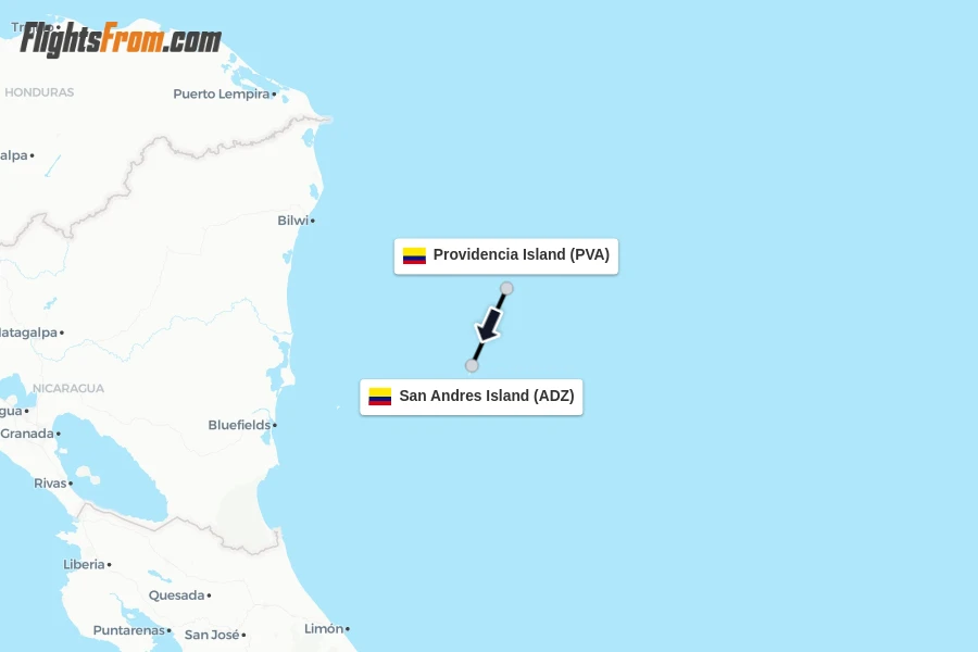 Flights from Providencia Island to San Andres Island route map