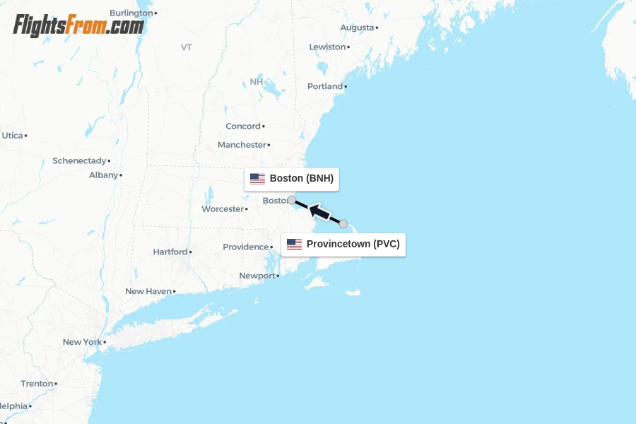 Flights from Provincetown to Boston route map